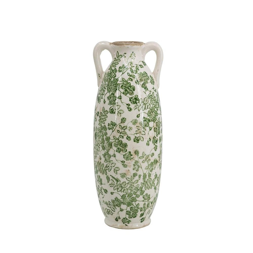 14" Green and White Leaf Amphora Ceramic Table Vase With Does Not Apply