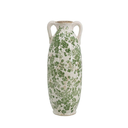 14" Green and White Leaf Amphora Ceramic Table Vase With Does Not Apply