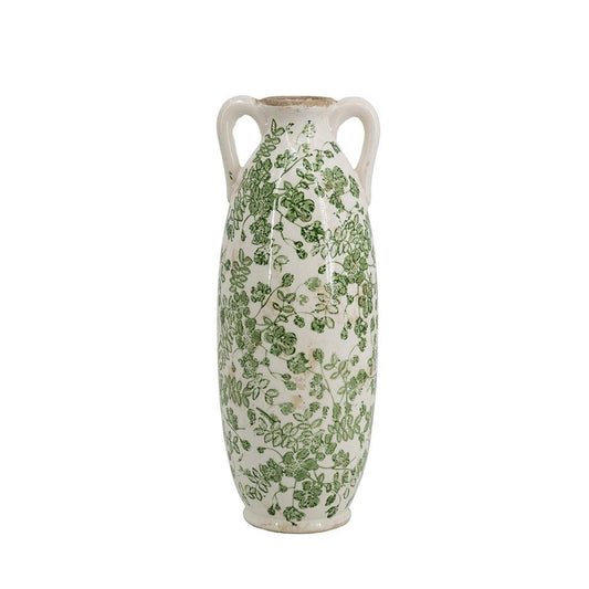 14" Green And White Leaf Ceramic Amphora Table Vase