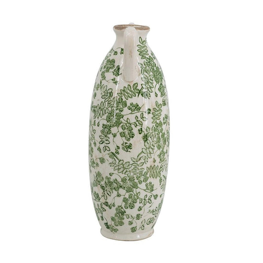 14" Green And White Leaf Ceramic Amphora Table Vase