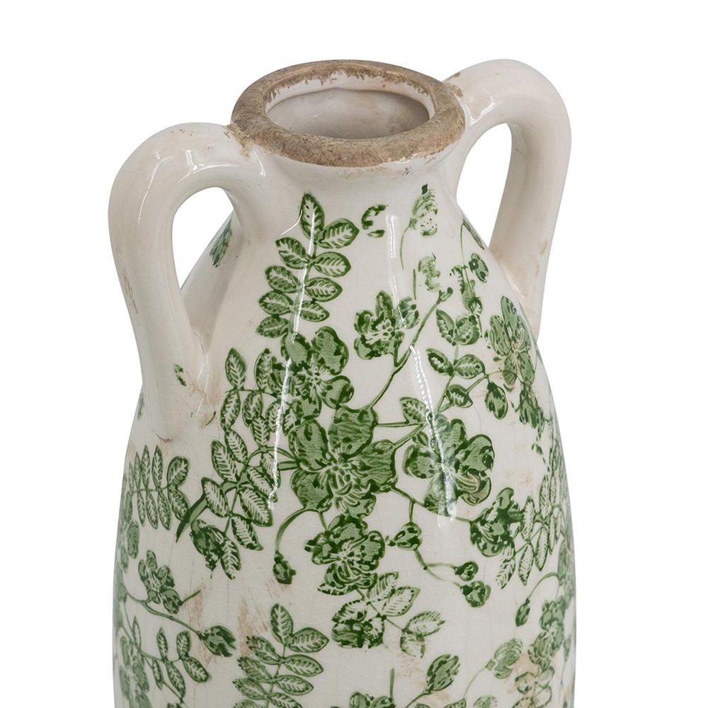 14" Green and White Leaf Amphora Ceramic Table Vase With Does Not Apply