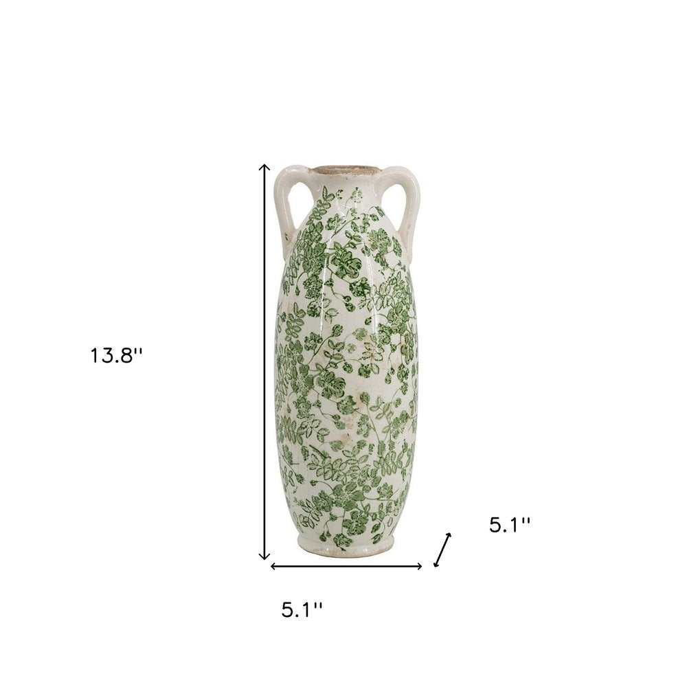 14" Green and White Leaf Amphora Ceramic Table Vase With Does Not Apply
