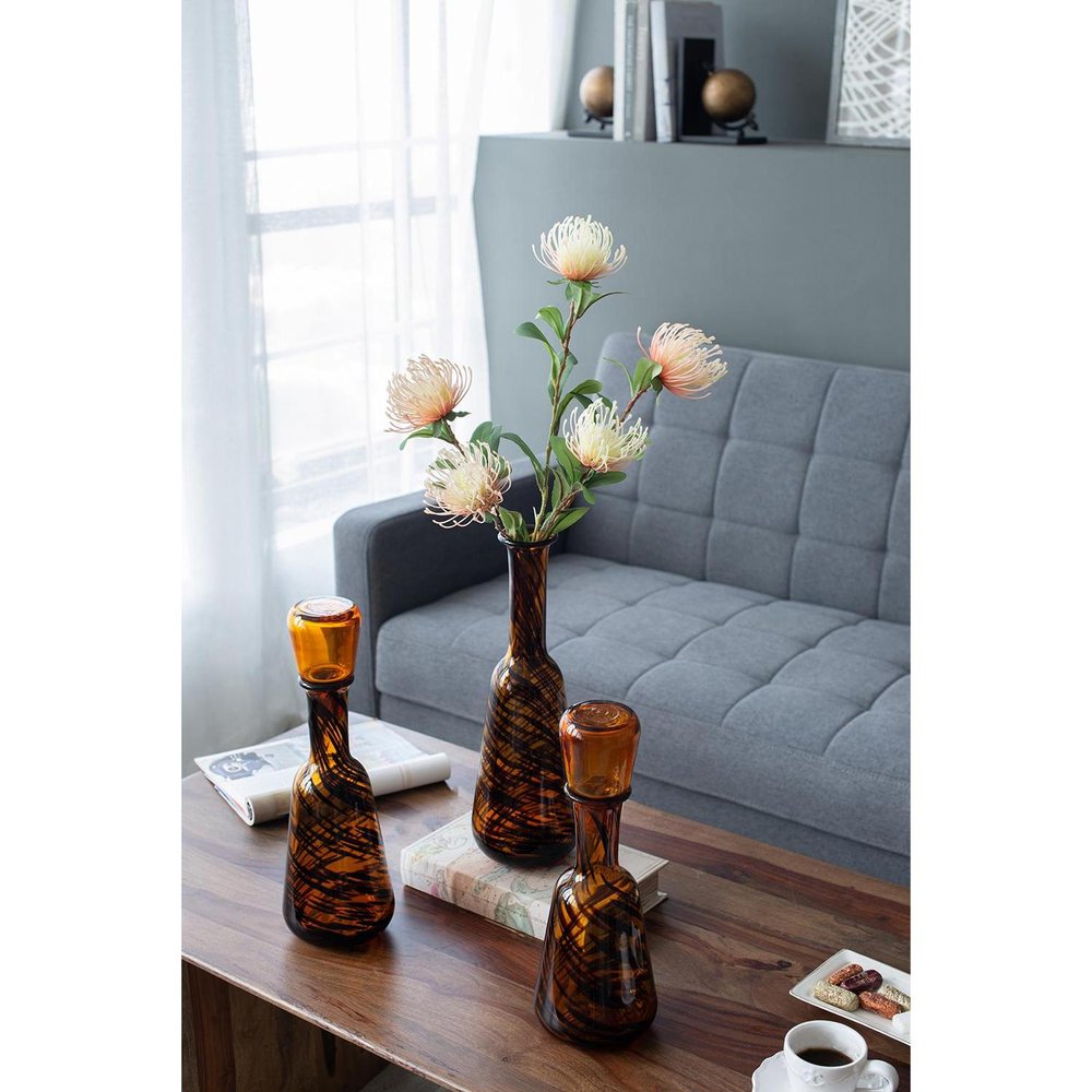 Set of Three Amber Abstract Swirl Glass Decorative Bottles With Stoppers