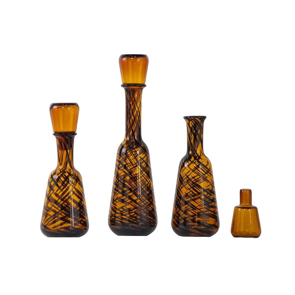 Set of Three Amber Abstract Swirl Glass Decorative Bottles With Stoppers