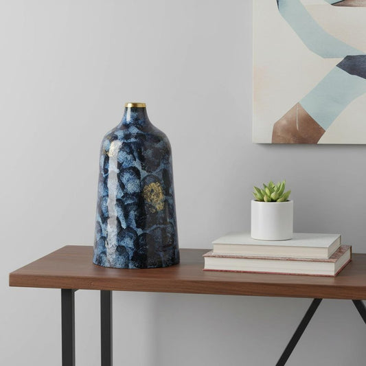 12" Blue And Gold Abstract Bud Glass Table Vase