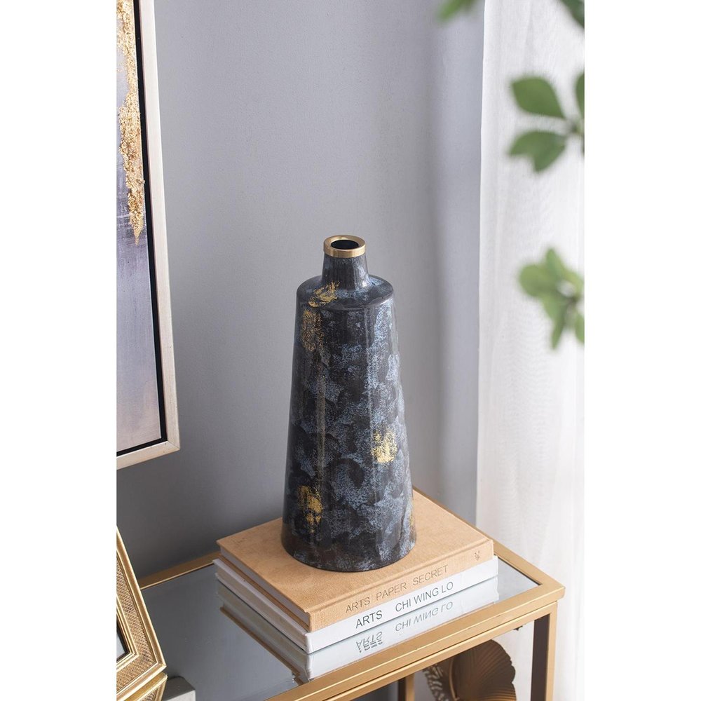 14" Blue And Gold Abstract Bud Glass Table Vase