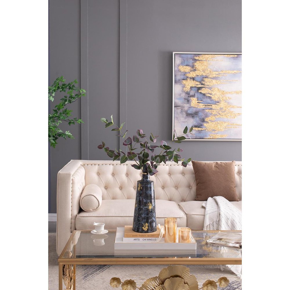 14" Blue And Gold Abstract Bud Glass Table Vase