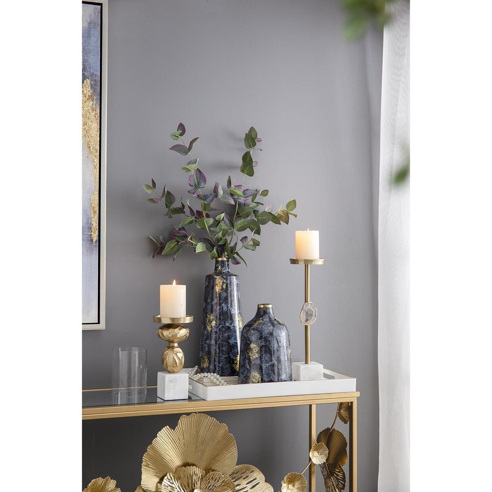 14" Blue And Gold Abstract Bud Glass Table Vase