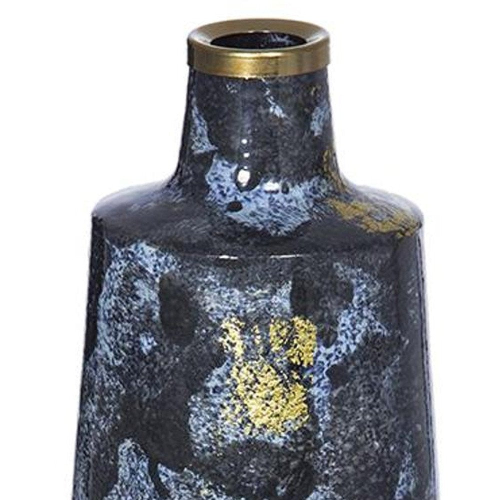 14" Blue And Gold Abstract Bud Glass Table Vase