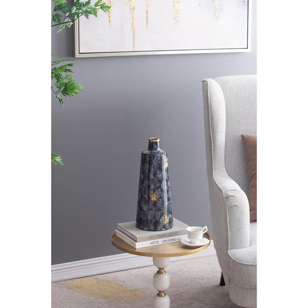 14" Blue And Gold Abstract Bud Glass Table Vase