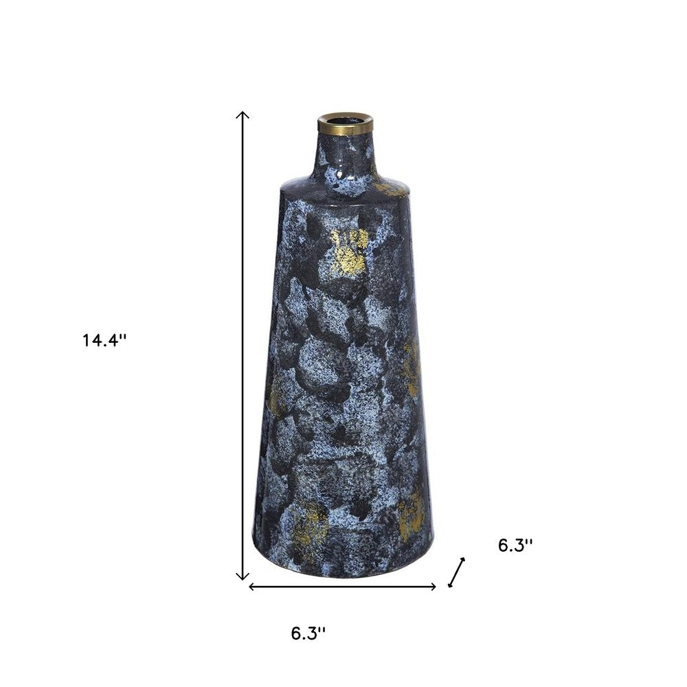 14" Blue And Gold Abstract Bud Glass Table Vase