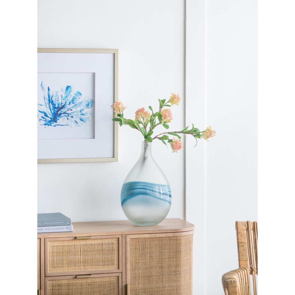 16" White And Blue Swirl Art Glass Table Vase