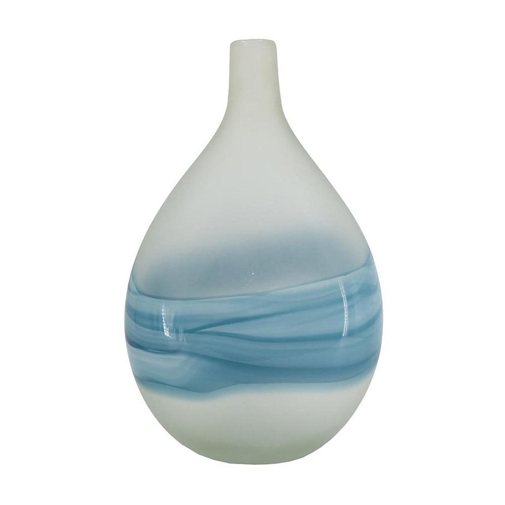 16" White And Blue Swirl Art Glass Table Vase