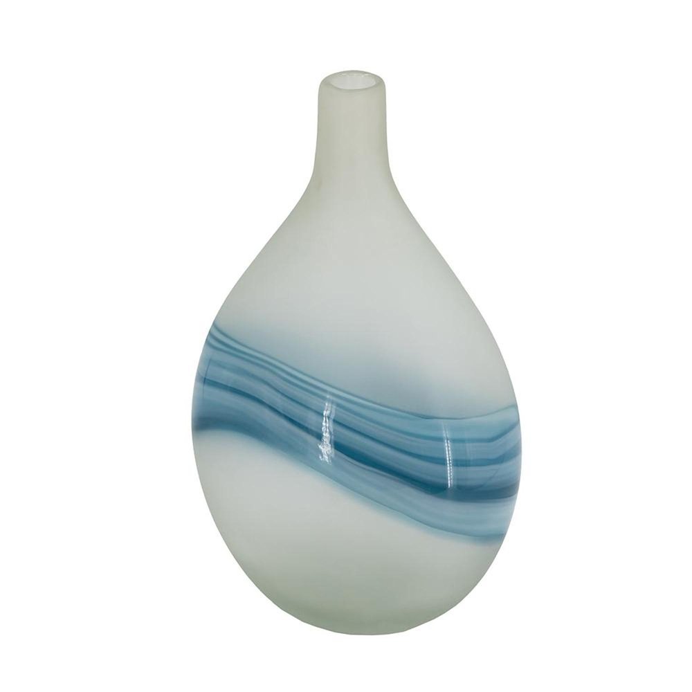 16" White And Blue Swirl Art Glass Table Vase