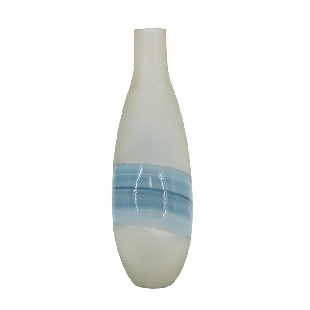16" White And Blue Swirl Art Glass Table Vase
