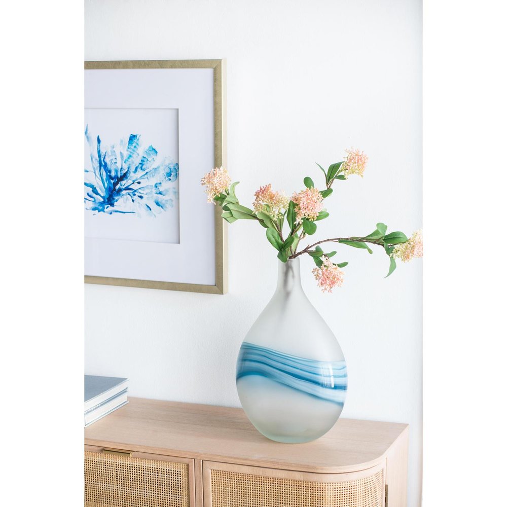 16" White And Blue Swirl Art Glass Table Vase