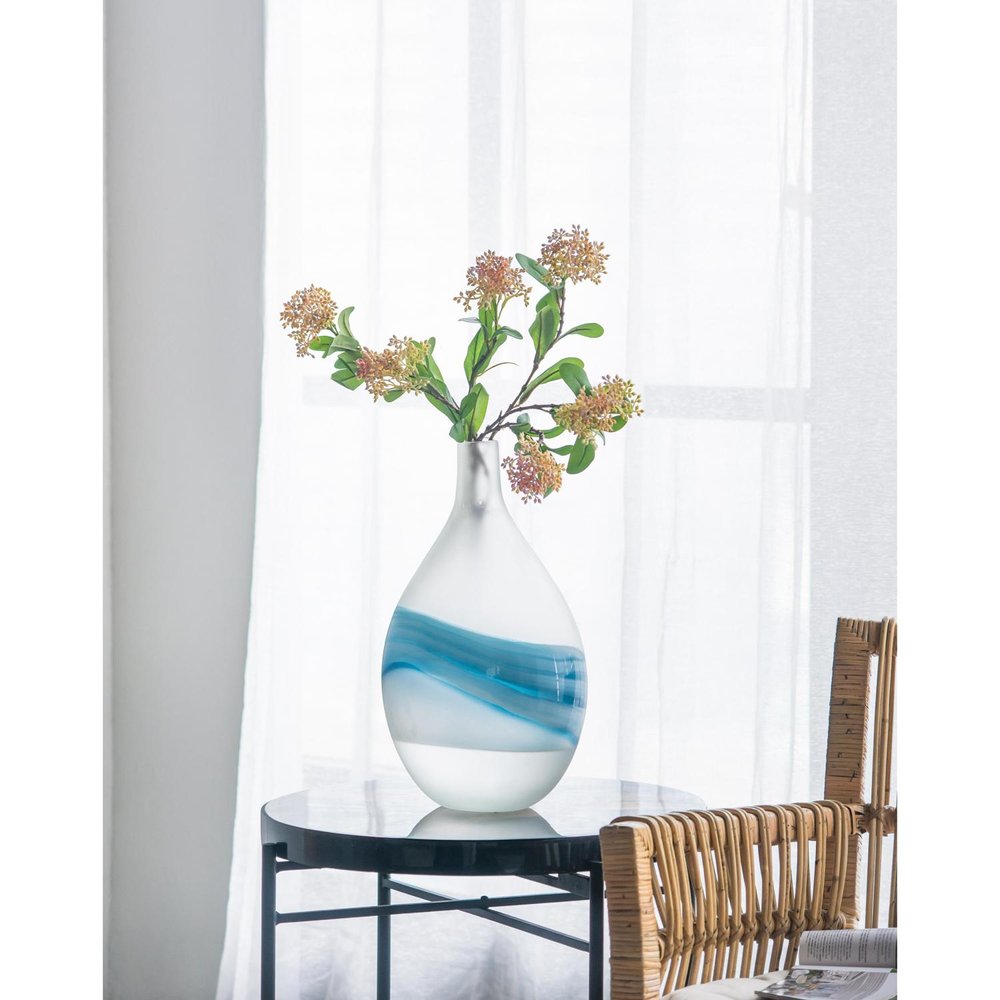 16" White And Blue Swirl Art Glass Table Vase