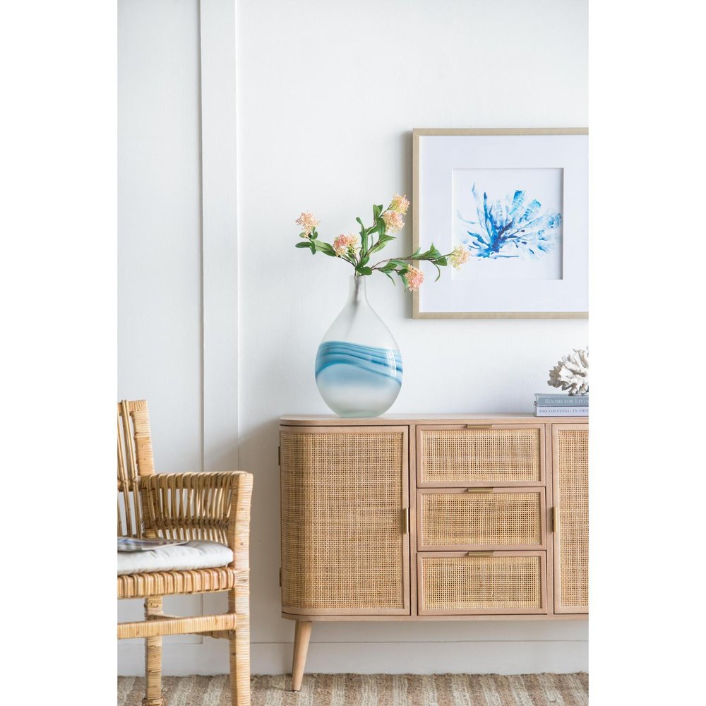 16" White And Blue Swirl Art Glass Table Vase