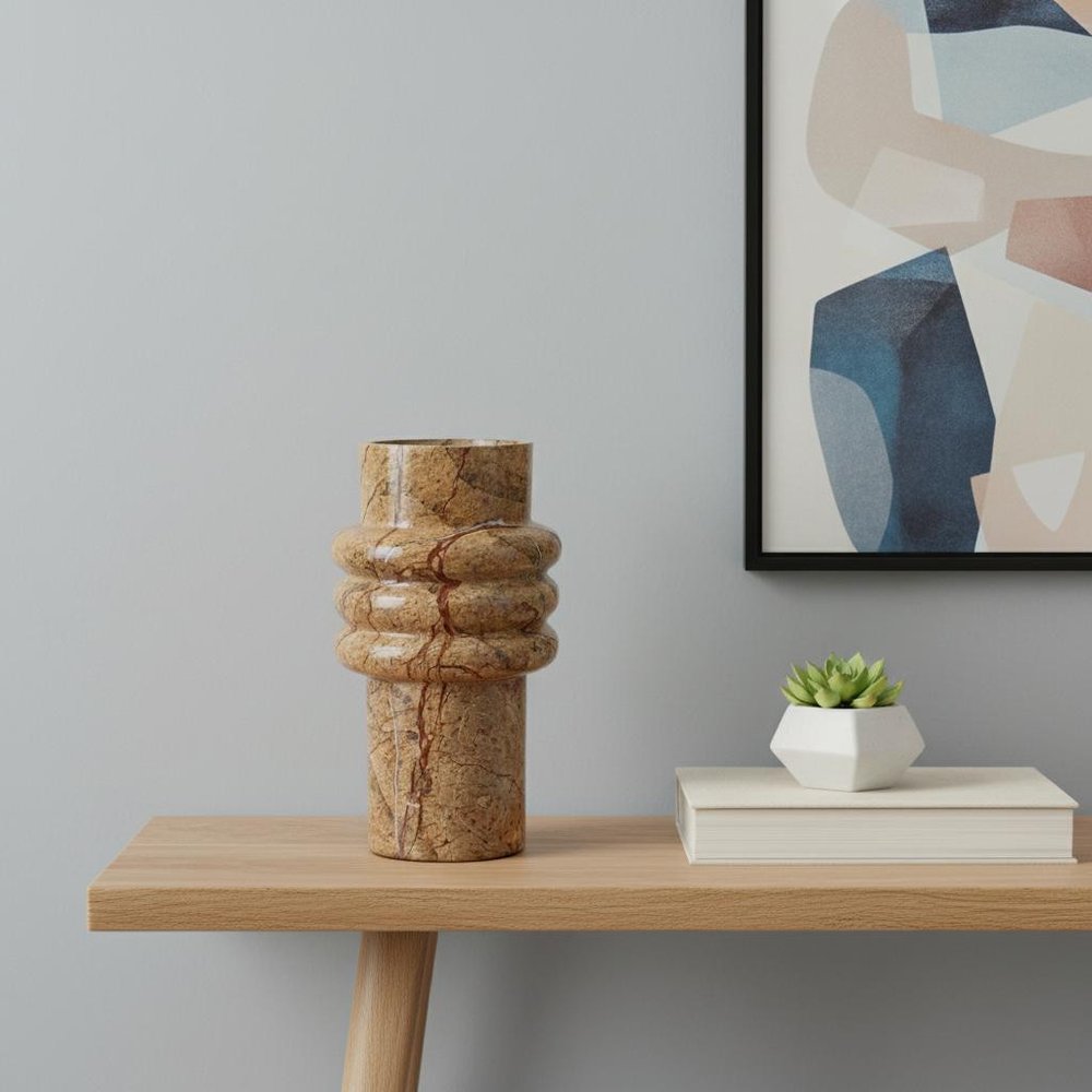 8" Brown Genuine Marble Ridged Table Vase