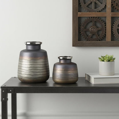 Set of Two Black And Gray Abstract Glass Round Table Vases