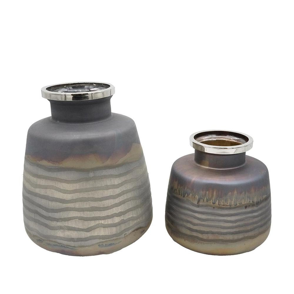 Set of Two Black And Gray Abstract Glass Round Table Vases