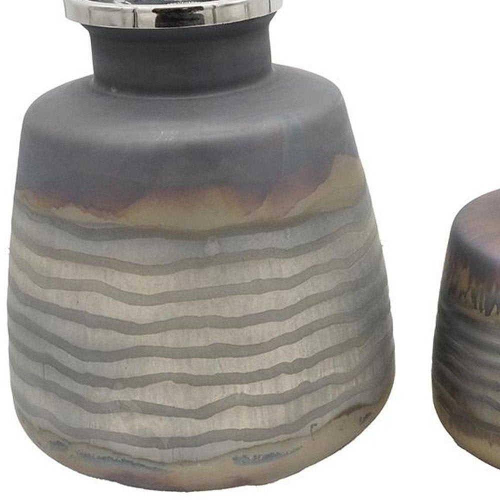 Set of Two Black And Gray Abstract Glass Round Table Vases