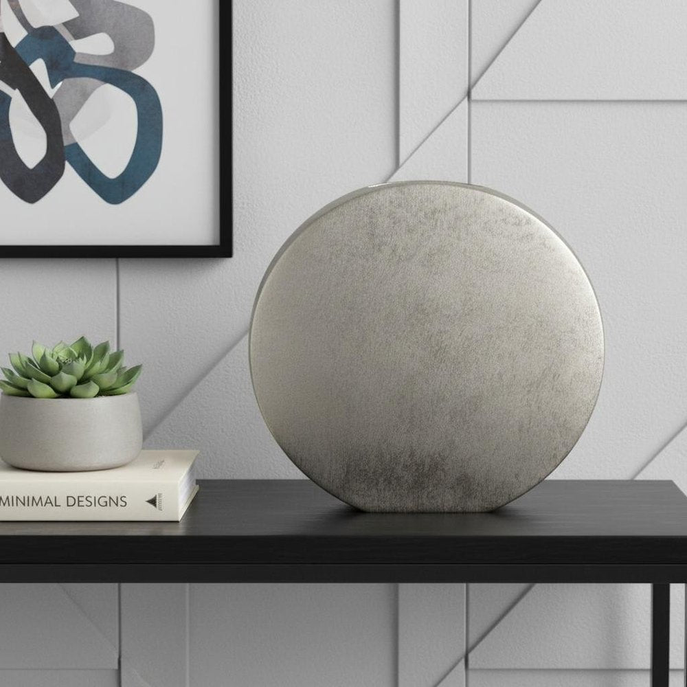 15" Silver Aluminum Round Disc Table Vase