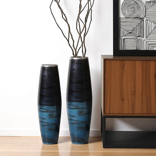 Set of Two Black And Blue Abstract Glass Cylinder Floor Vases