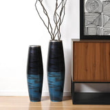 Set of Two Black And Blue Abstract Glass Cylinder Floor Vases