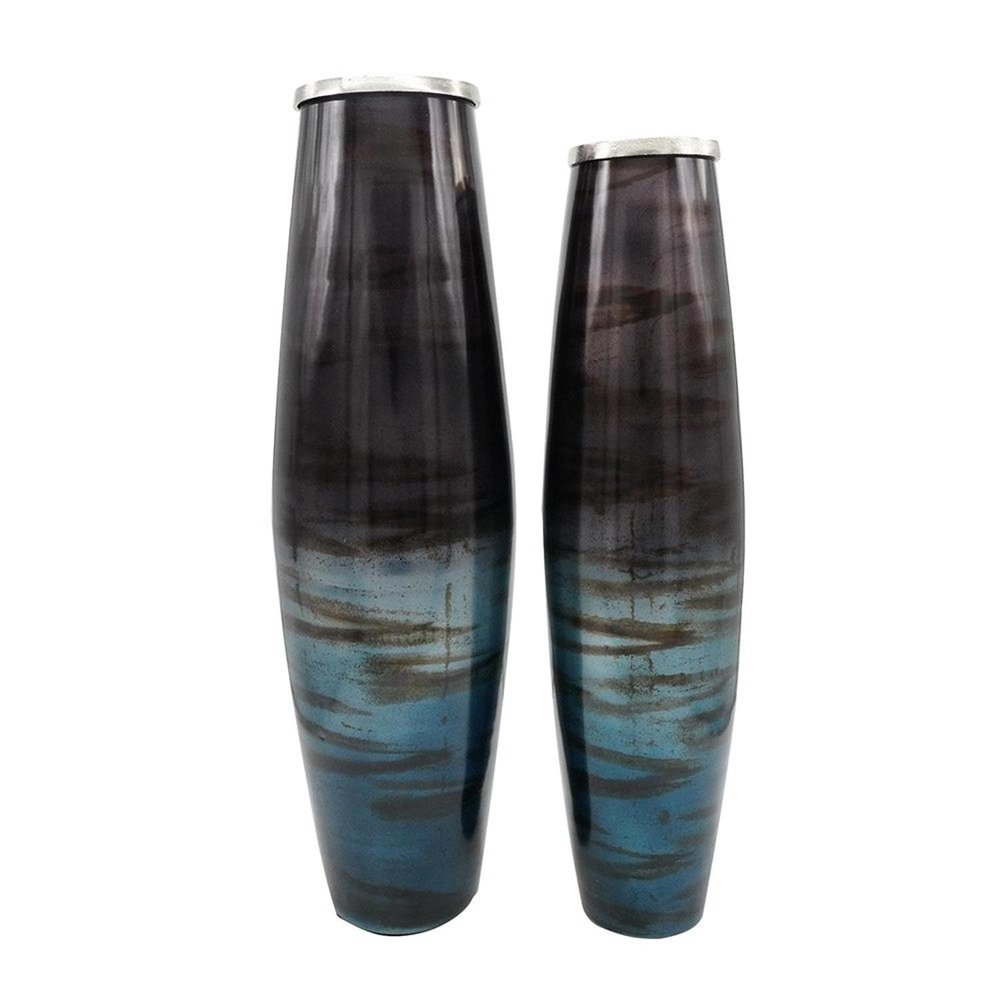 Set of Two Black And Blue Abstract Glass Cylinder Floor Vases
