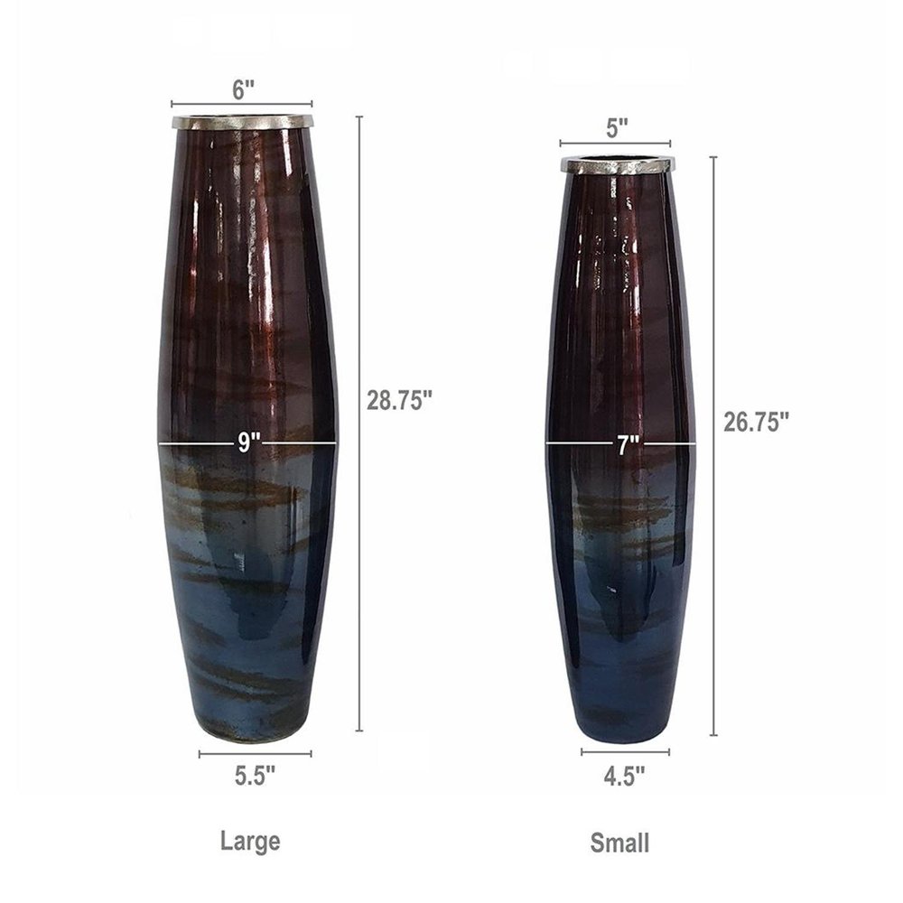 Set of Two Black And Blue Abstract Glass Cylinder Floor Vases