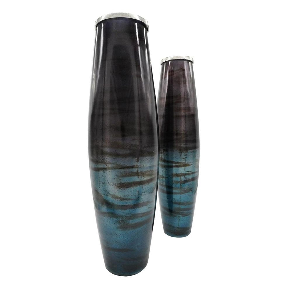 Set of Two Black And Blue Abstract Glass Cylinder Floor Vases