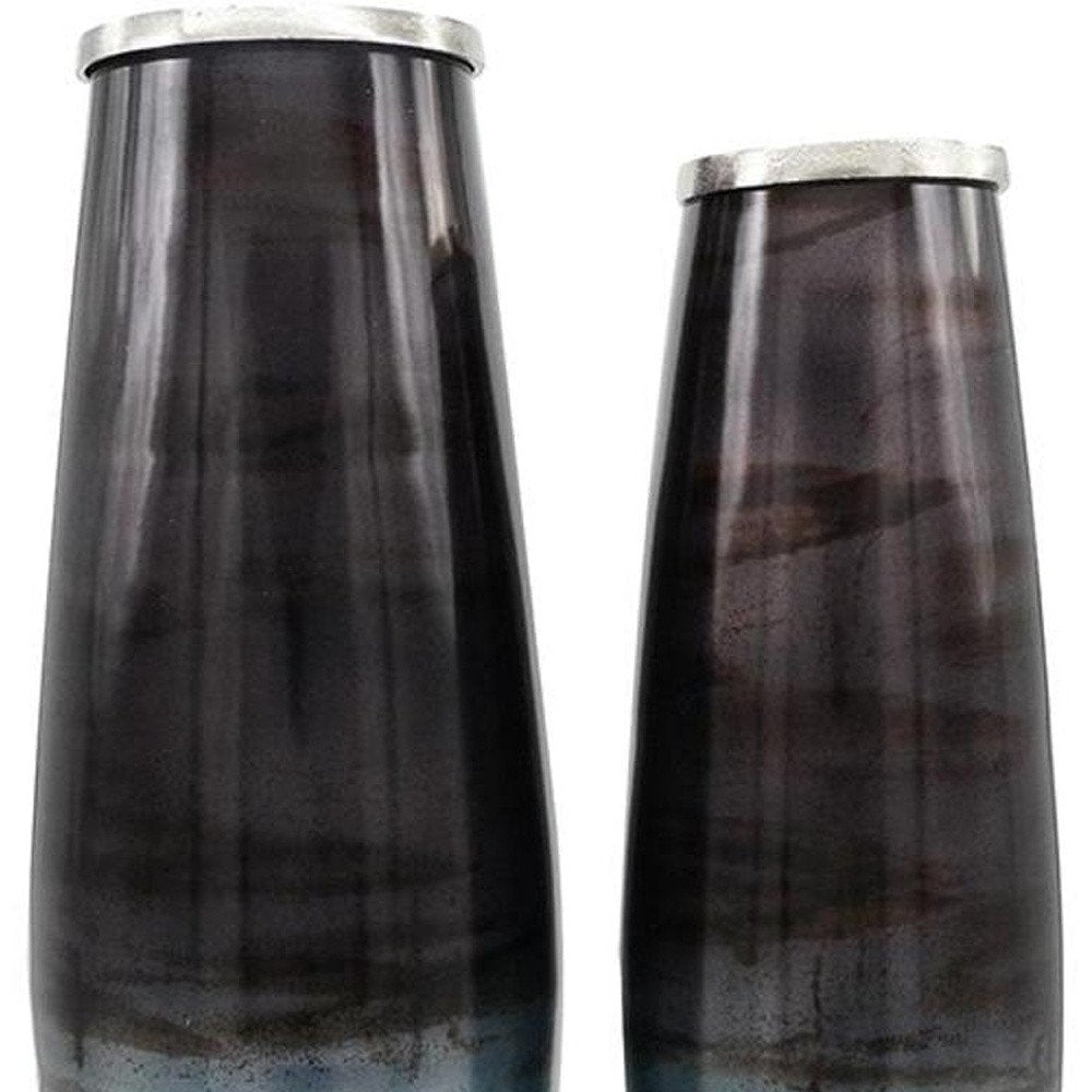 Set of Two Black And Blue Abstract Glass Cylinder Floor Vases