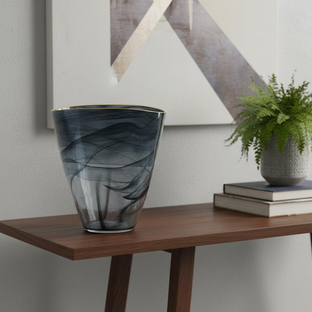 9" Charcoal Abstract Swirl Art Glass Table Vase