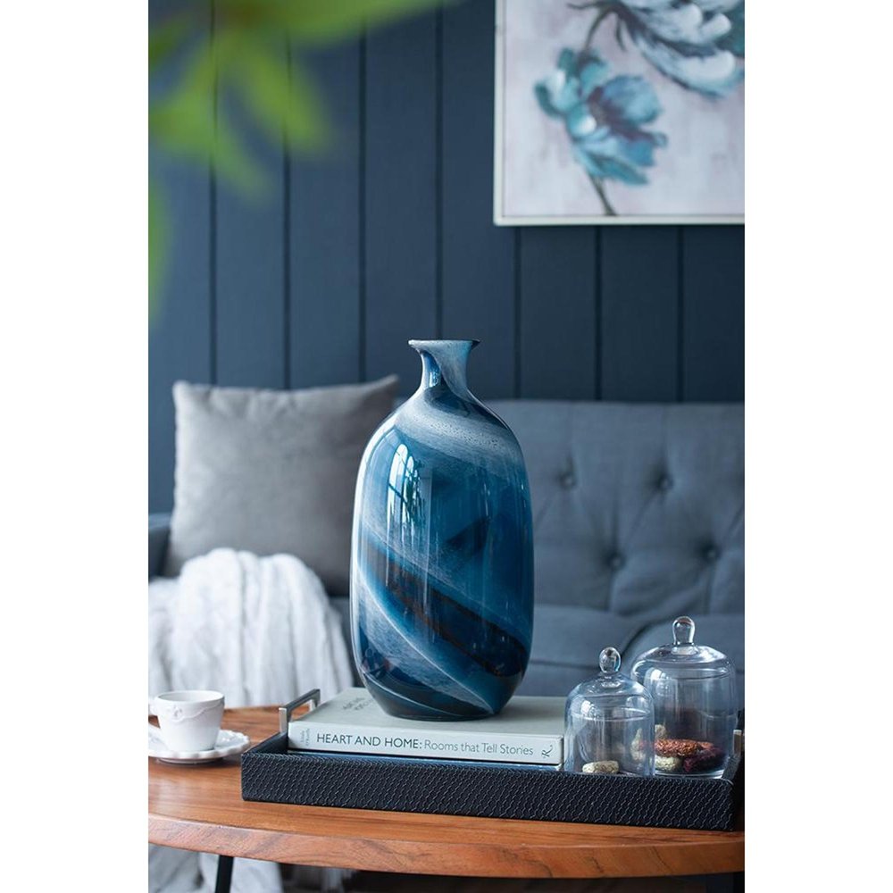 16" Blue And White Striped Swirl Art Glass Table Vase