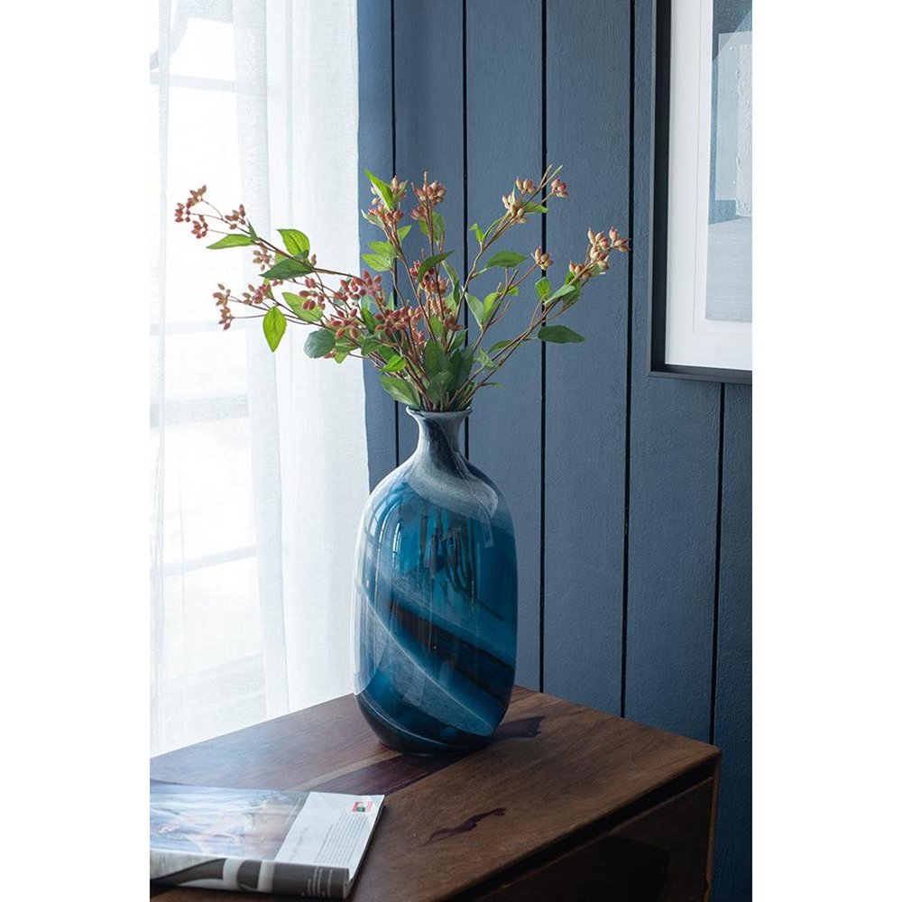 16" Blue And White Striped Swirl Art Glass Table Vase
