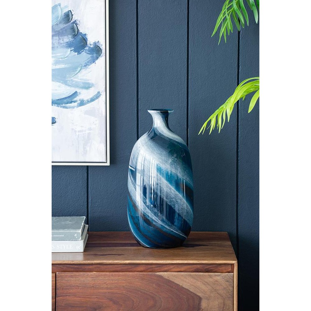 16" Blue And White Striped Swirl Art Glass Table Vase