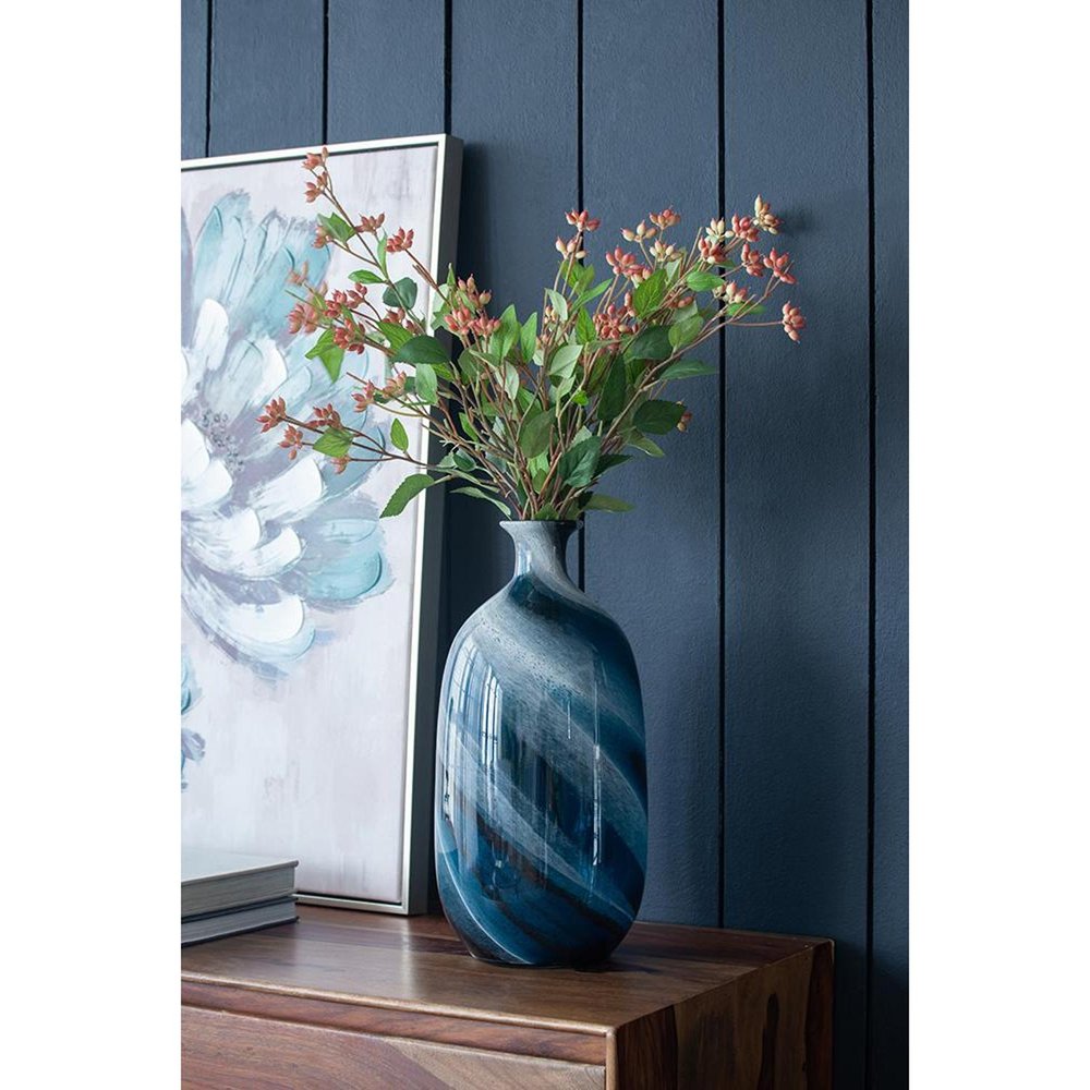 16" Blue And White Striped Swirl Art Glass Table Vase