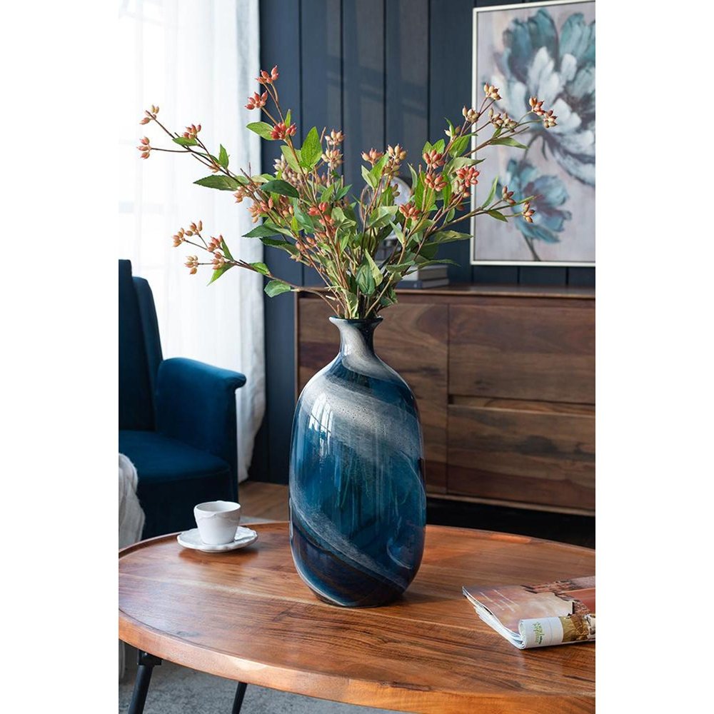 16" Blue And White Striped Swirl Art Glass Table Vase