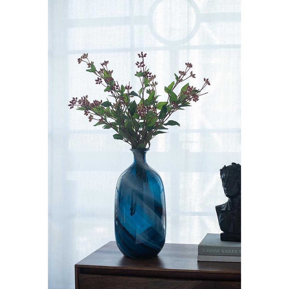 16" Blue And White Striped Swirl Art Glass Table Vase