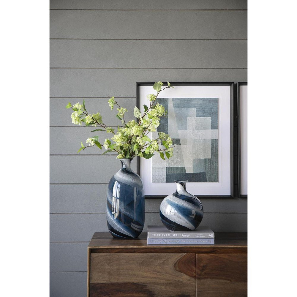 16" Blue And White Striped Swirl Art Glass Table Vase