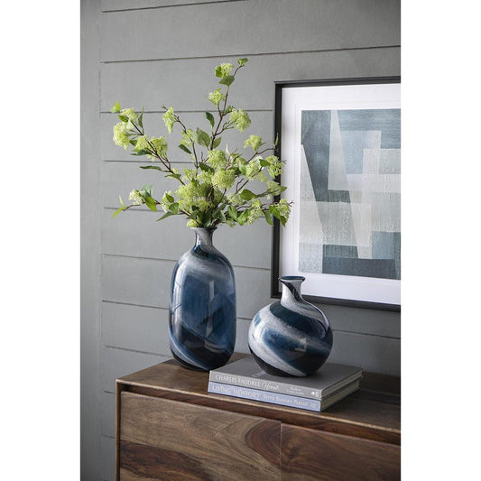 16" Blue And White Striped Swirl Art Glass Table Vase