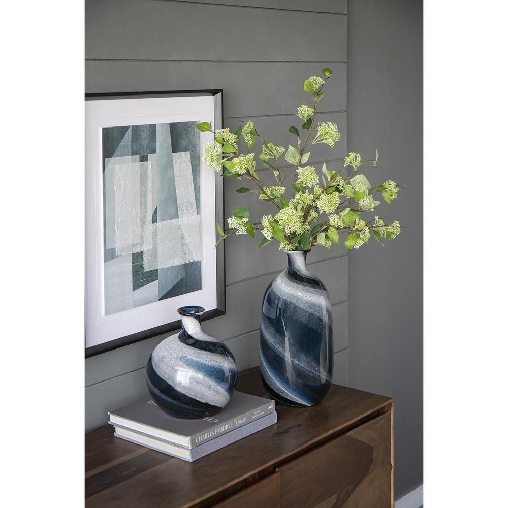 16" Blue And White Striped Swirl Art Glass Table Vase