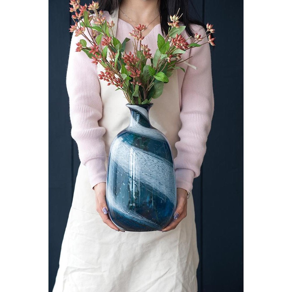 13" Blue And White Striped Swirl Art Glass Table Vase