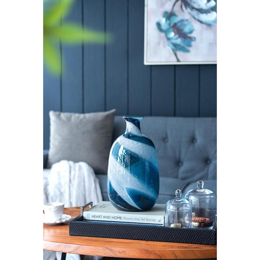 13" Blue And White Striped Swirl Art Glass Table Vase