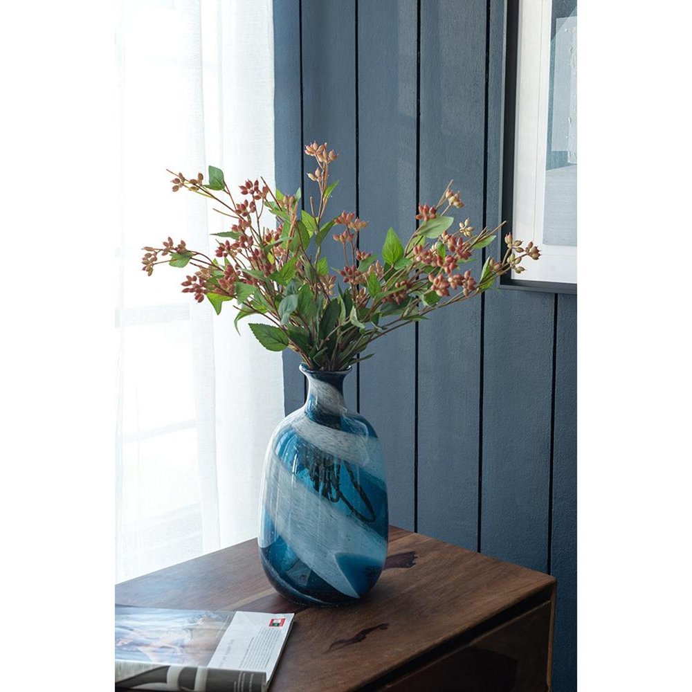 13" Blue And White Striped Swirl Art Glass Table Vase