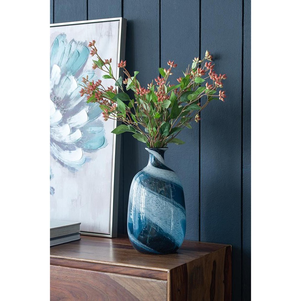 13" Blue And White Striped Swirl Art Glass Table Vase