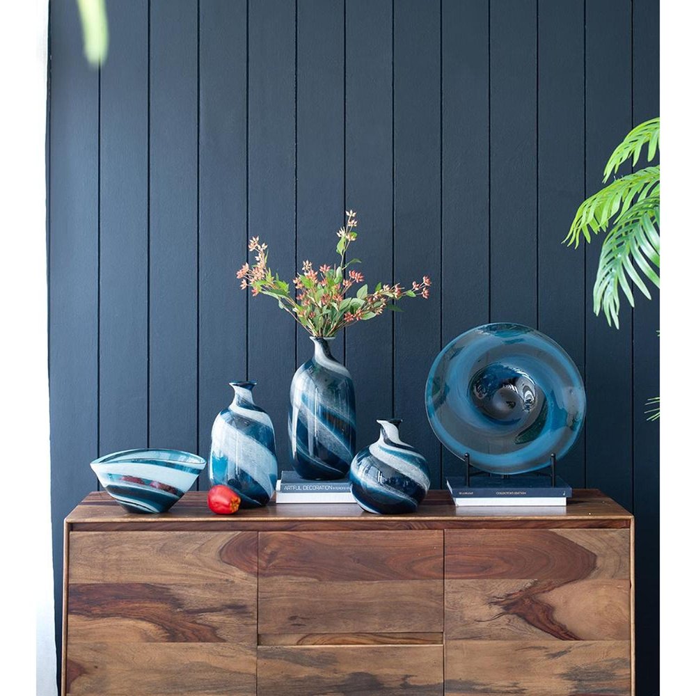 13" Blue And White Striped Swirl Art Glass Table Vase