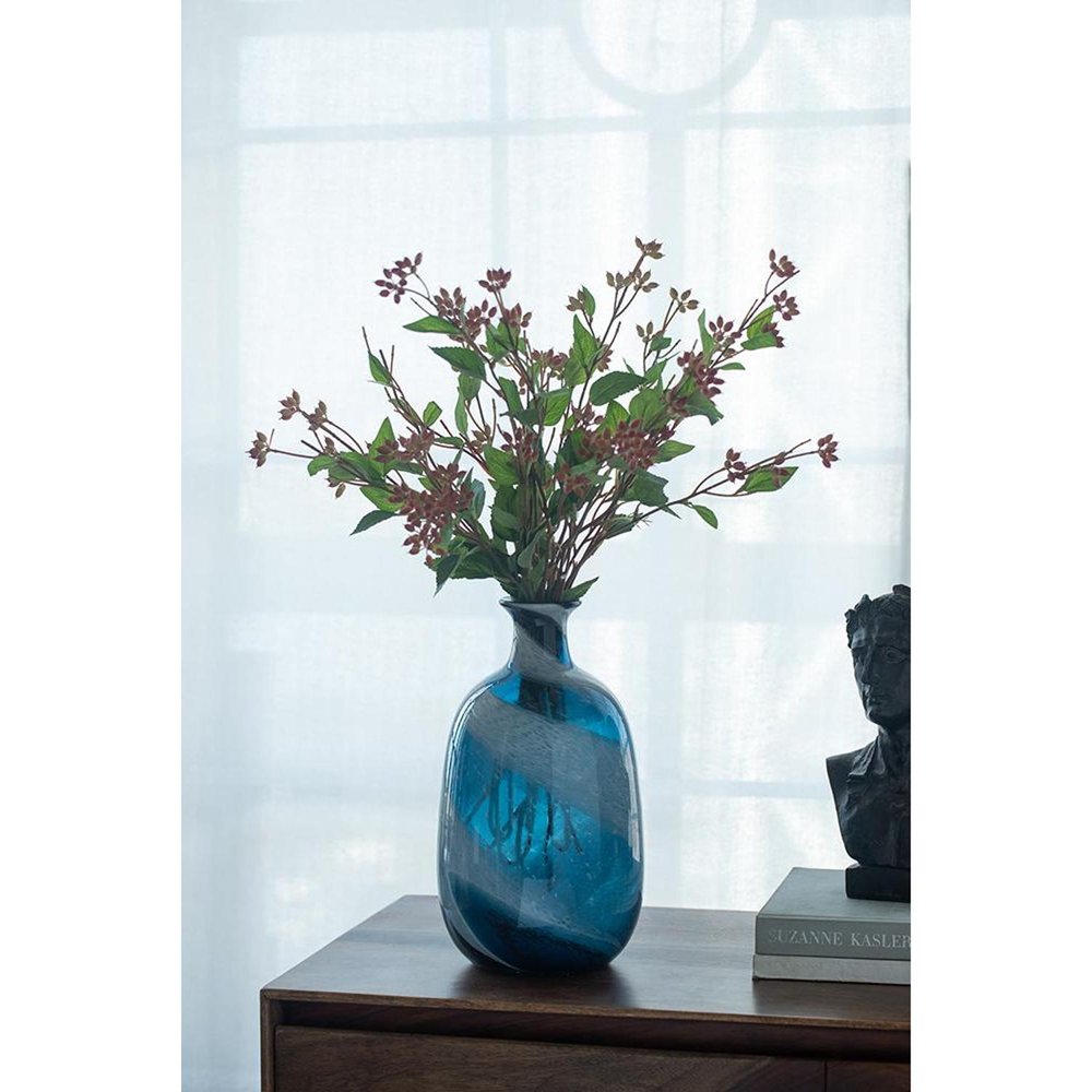 13" Blue And White Striped Swirl Art Glass Table Vase