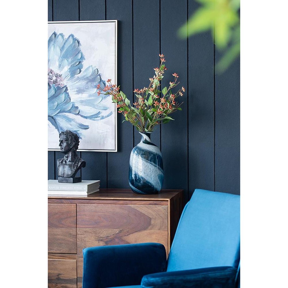 13" Blue And White Striped Swirl Art Glass Table Vase